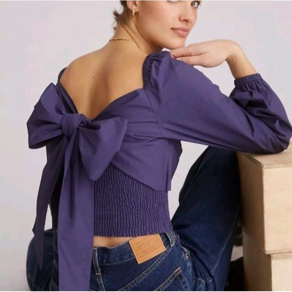 Anthropologie Sunday in Brooklyn Navy BackBow-Tie Blouse Puff Sleeve Sz M New